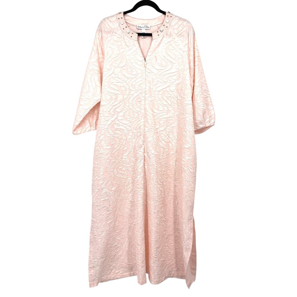 Oscar de la Renta Caftan Womens L Pink Jacquard Jeweled Neck Zip Lounge Dress